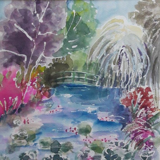 Monet´s Garten mit Brücke – Aquarell – 20x20 cm